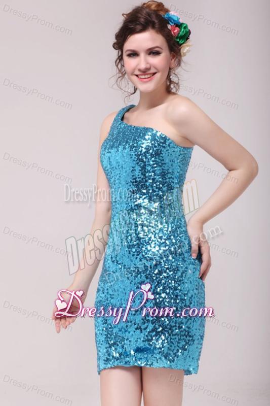 Column Teal One Shoulder Sequin Mini-length Prom Dress