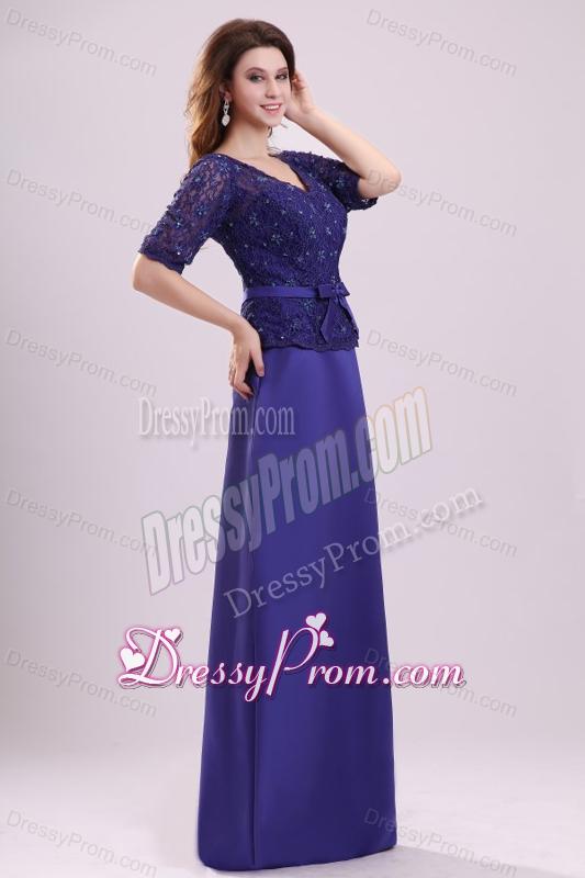 Column V-neck Lace Sash Purple Half Sleeves Satin Long Prom Dress