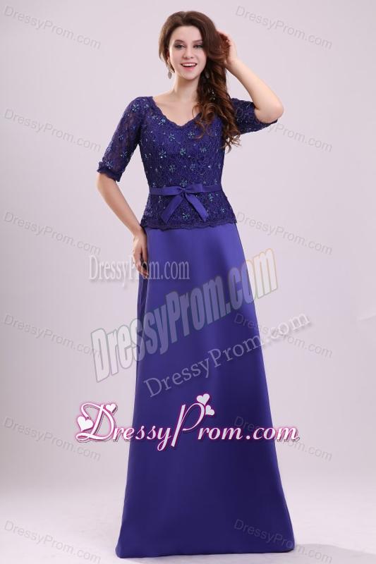 Column V-neck Lace Sash Purple Half Sleeves Satin Long Prom Dress