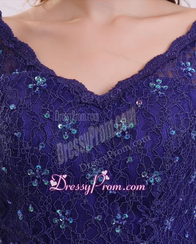 Column V-neck Lace Sash Purple Half Sleeves Satin Long Prom Dress