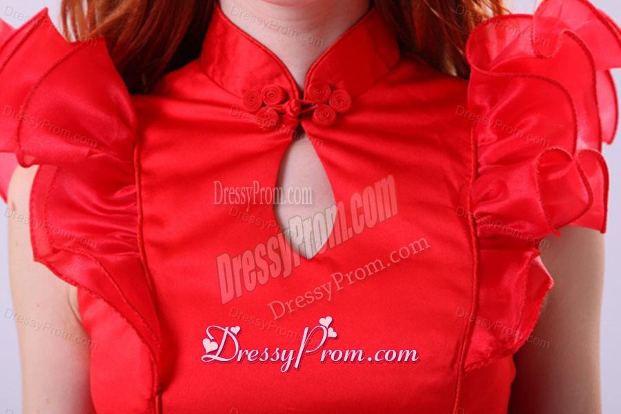 Column Wine Red High Neck Ruching Mini-length Prom Dress