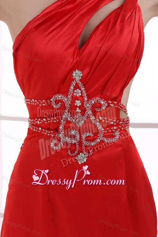 Column Wine Red One Shoulder Beading High Slit Ruching Prom Dress