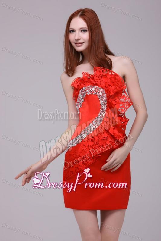 Column Wine Red Strapless Beading and Ruching Prom Dress