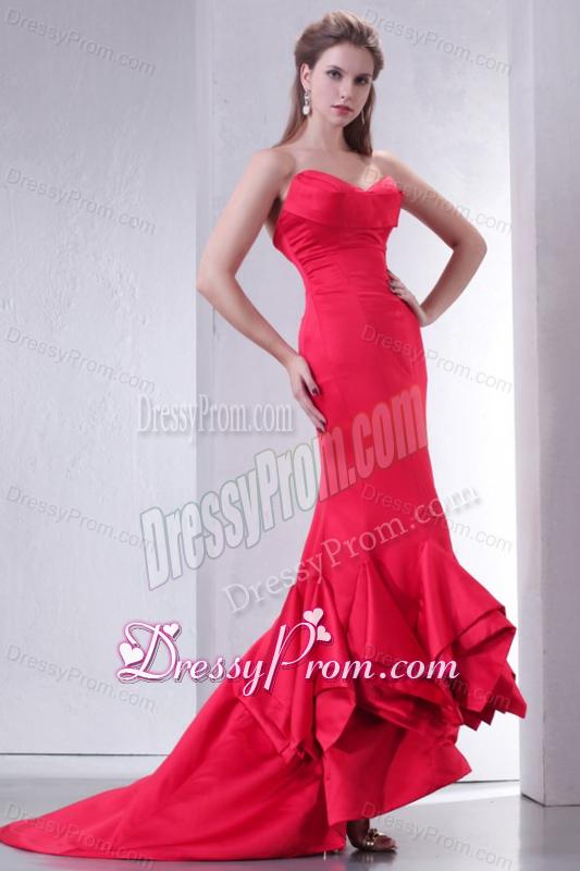 Coral Red Mermaid Sweetheart High-low Prom Dress with Ruffle