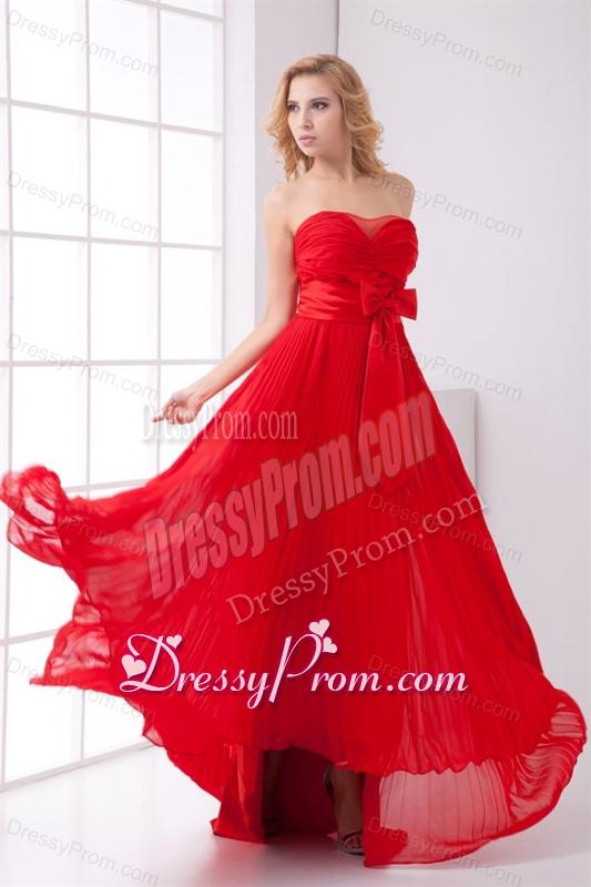 Elegant Strapless Red Empire Pleat Chiffon Prom Dress with Bowknot