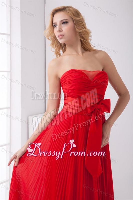 Elegant Strapless Red Empire Pleat Chiffon Prom Dress with Bowknot