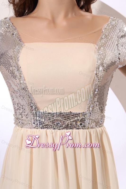 Empire Chiffon Scoop Champagne Long Prom Dress with Short Sleeves