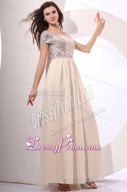 Empire Chiffon Scoop Champagne Long Prom Dress with Short Sleeves
