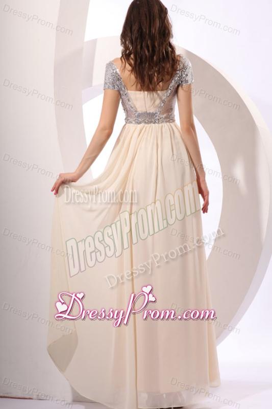 Empire Chiffon Scoop Champagne Long Prom Dress with Short Sleeves