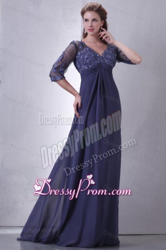 Empire V-neck Chiffon Appliques with Beading Prom Dress with 3/4 Sleeves