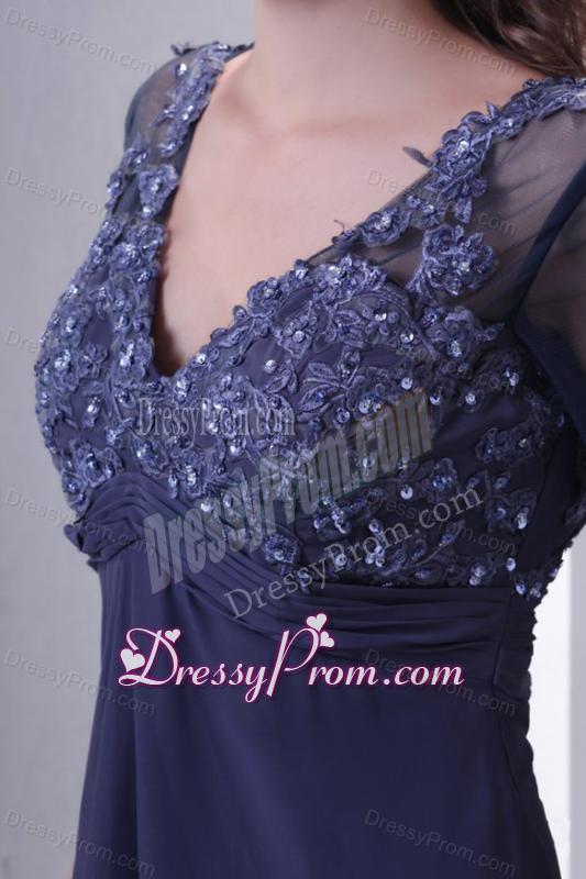 Empire V-neck Chiffon Appliques with Beading Prom Dress with 3/4 Sleeves
