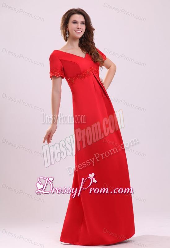 Empire V-neck Short Sleeves Appliques Satin Prom Dress in Red