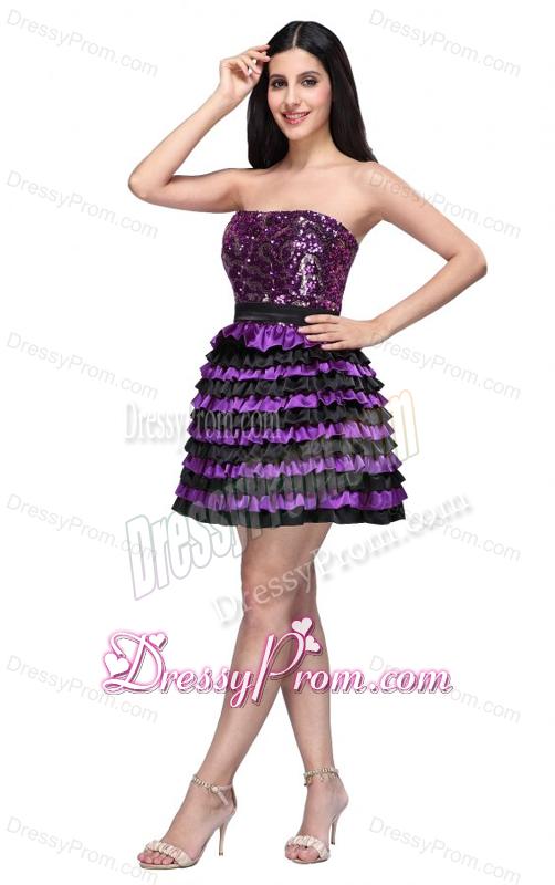Multi-color Strapless A-line Ruffled Layers Sequins Knee-length Prom Dress