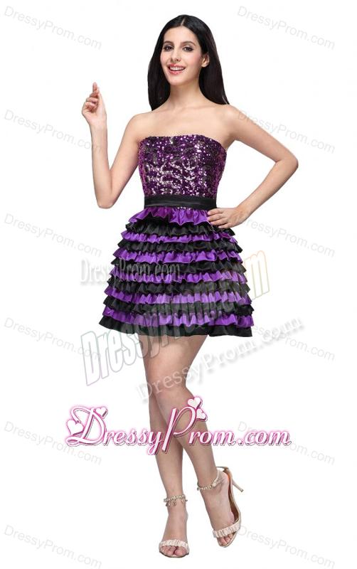 Multi-color Strapless A-line Ruffled Layers Sequins Knee-length Prom Dress