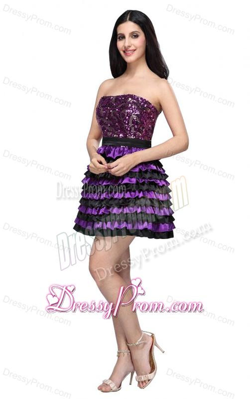 Multi-color Strapless A-line Ruffled Layers Sequins Knee-length Prom Dress