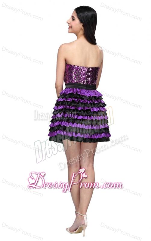 Multi-color Strapless A-line Ruffled Layers Sequins Knee-length Prom Dress