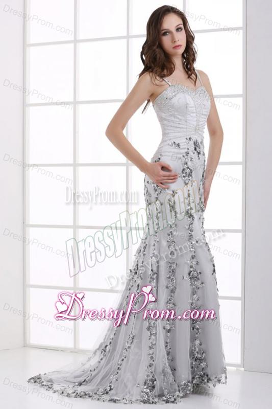 Silver Column Straps Beading and Appliques Prom Dress for Spring