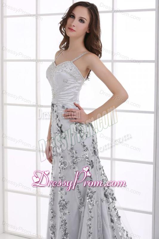 Silver Column Straps Beading and Appliques Prom Dress for Spring