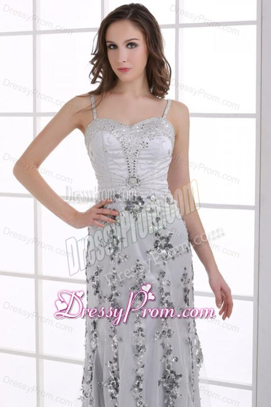 Silver Column Straps Beading and Appliques Prom Dress for Spring
