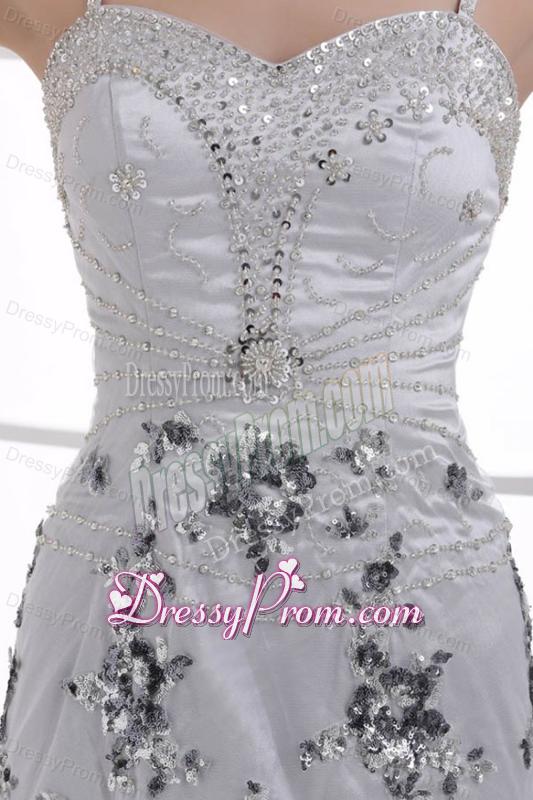 Silver Column Straps Beading and Appliques Prom Dress for Spring