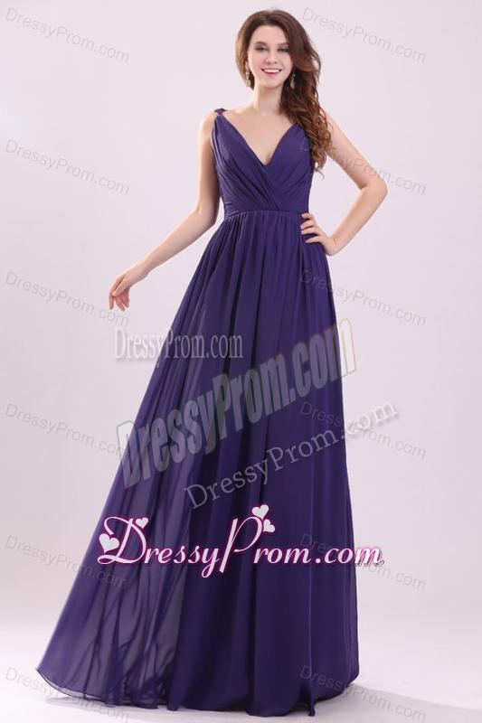 Simple Purple Empire V-neck Ruching Floor-length Chiffon Prom Dress