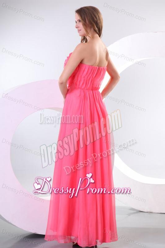 Strapless Flowers Decorate Brust Empire Long Prom Dress with Ruche