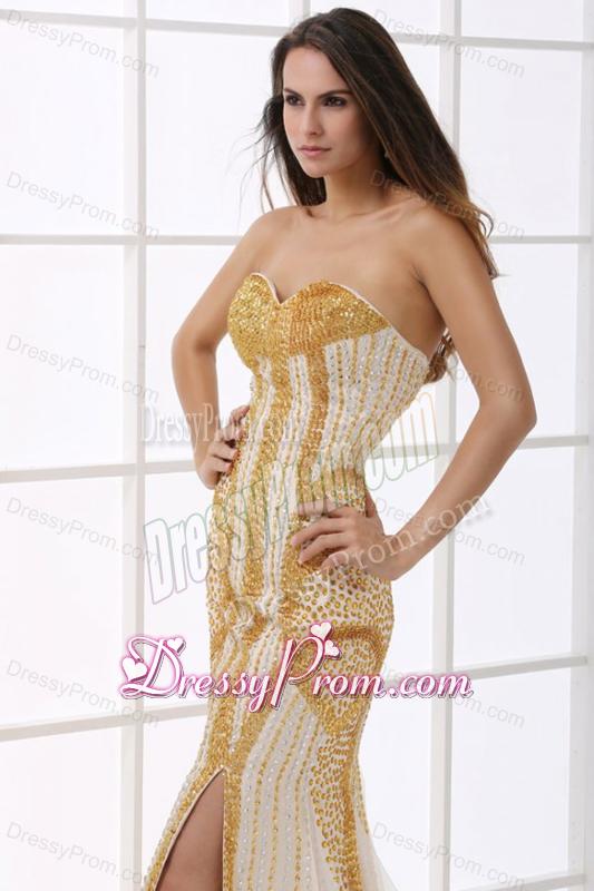 Sweetheart Column Champagne Beaded Decorate Prom Dress