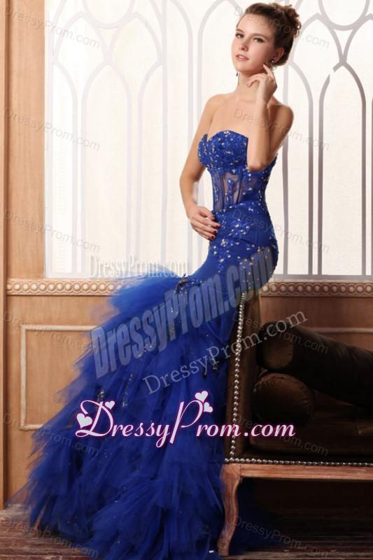Sweetheart Mermaid Appliques and Ruffles Layered Prom Dress in Blue