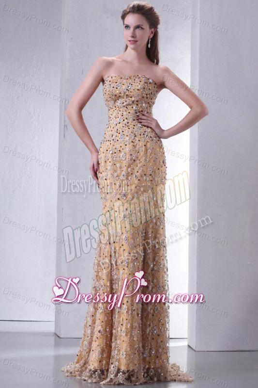 Unique Brush Train Column Prom Dress with Lace and Beading