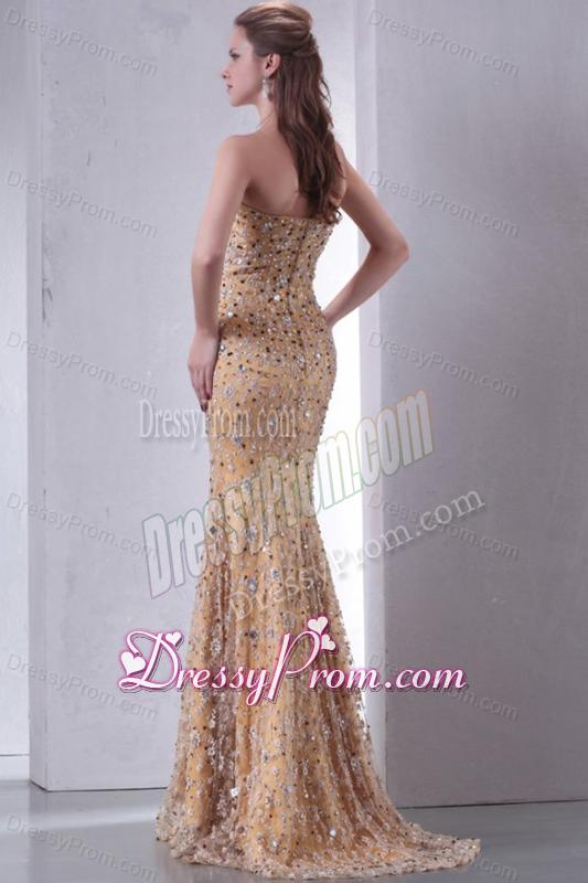 Unique Brush Train Column Prom Dress with Lace and Beading