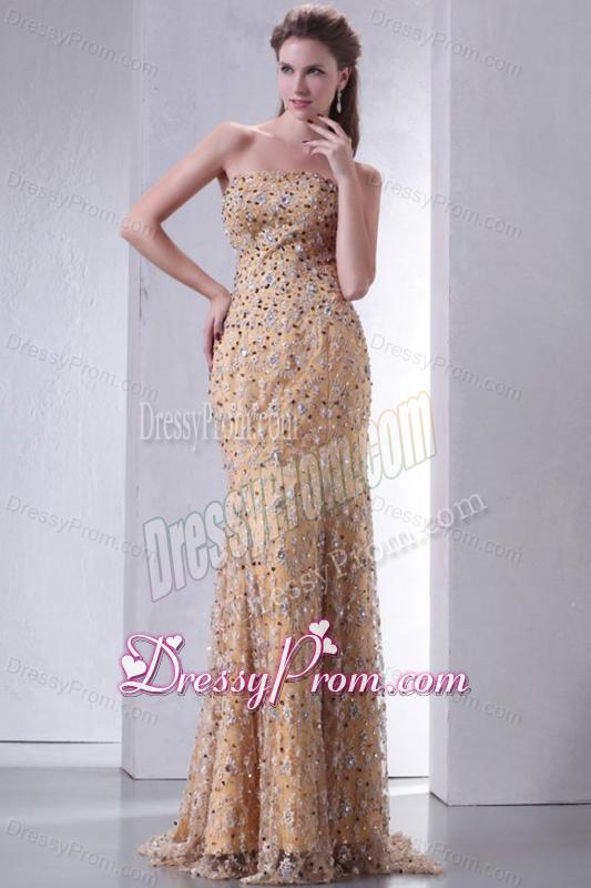 Unique Brush Train Column Prom Dress with Lace and Beading