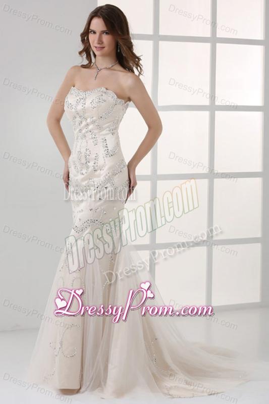 White Mermaid Sweetheart Court Train Prom Dress with Beading