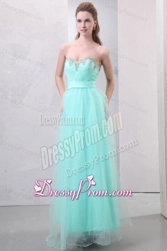 A-line Aqua Blue Sweetheart Beading and Ruching Organza Prom Dress