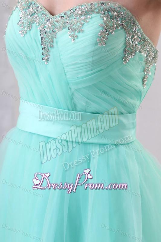 A-line Aqua Blue Sweetheart Beading and Ruching Organza Prom Dress
