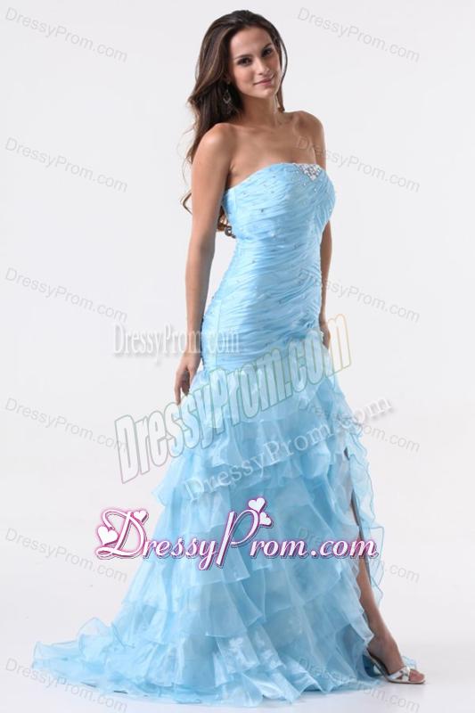 Aqua Blue Mermaid Strapless Prom Dress with Beading and Layers