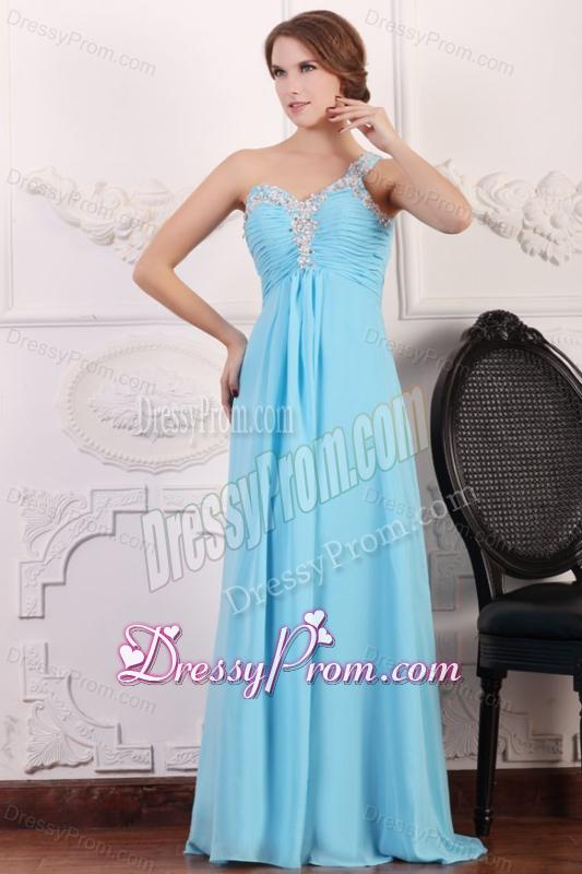 Aqua Blue One Shoulder Empire Chiffon Beaded Decorate Prom Dress