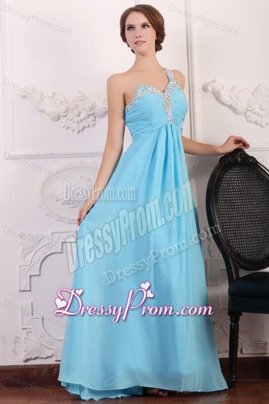 Aqua Blue One Shoulder Empire Chiffon Beaded Decorate Prom Dress