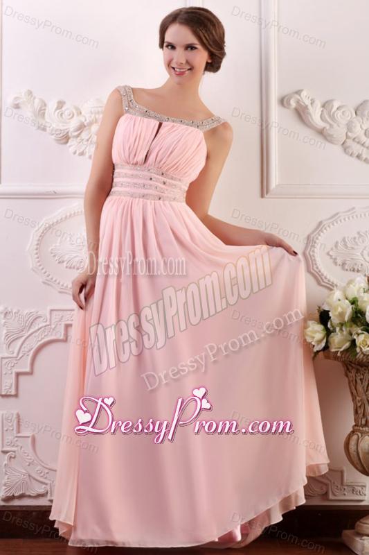 Baby Pink Empire Scoop Straps Prom Dress with Beading and Ruching