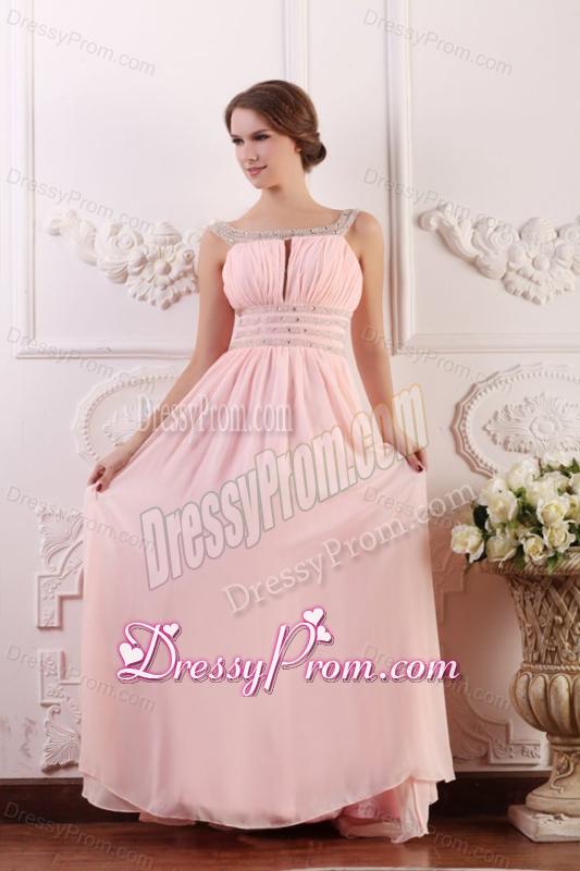 Baby Pink Empire Scoop Straps Prom Dress with Beading and Ruching