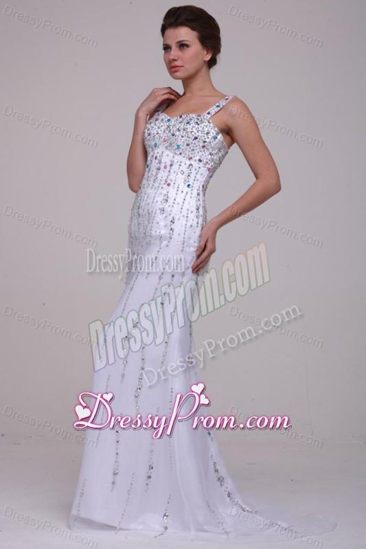 Beaded Straps Prom Dress with Column Brush Train