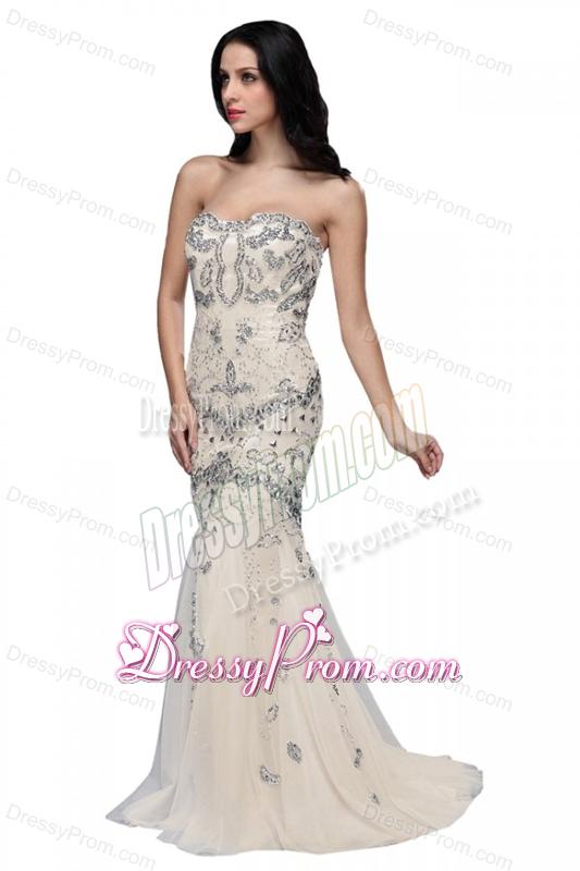 Beaed and Sequined Sweetheart Mermaid Prom Dress with Brush Train