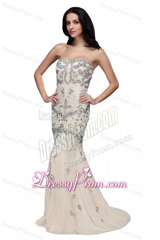 Beaed and Sequined Sweetheart Mermaid Prom Dress with Brush Train
