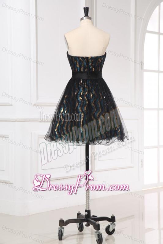 Black Mini-length Short Prom Dress with Flowers Belt