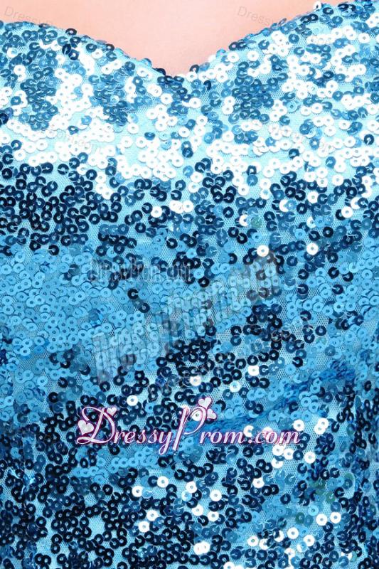 Blue Sequined Prom Dress with Sweetheart Knee-length