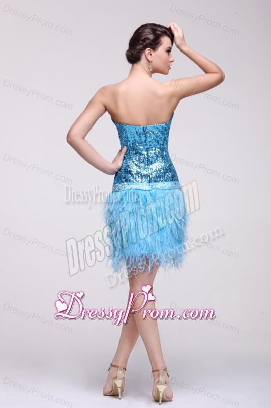 Blue Sequined Prom Dress with Sweetheart Knee-length