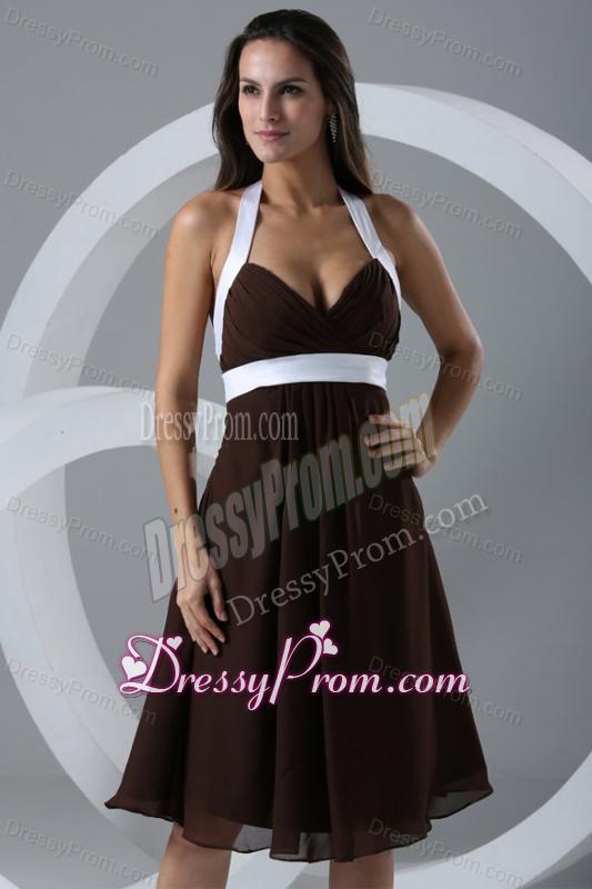 Brown Halter Top Ruching Chiffon Knee-length Prom Dress