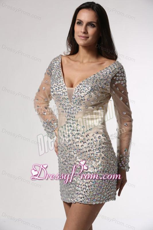 Champagne Column V-neck Long Sleeves Prom Dress with Beading