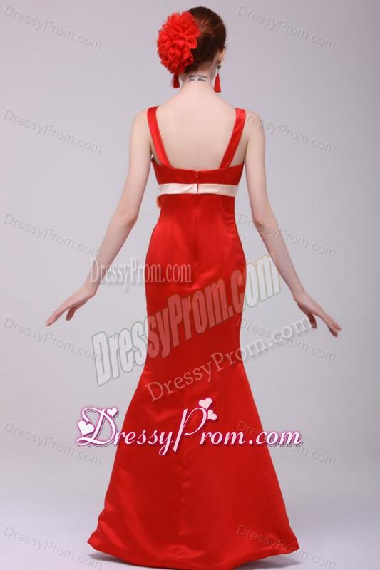 Cheap Column Straps Floor-length Taffeta Sashs Red Prom Dress
