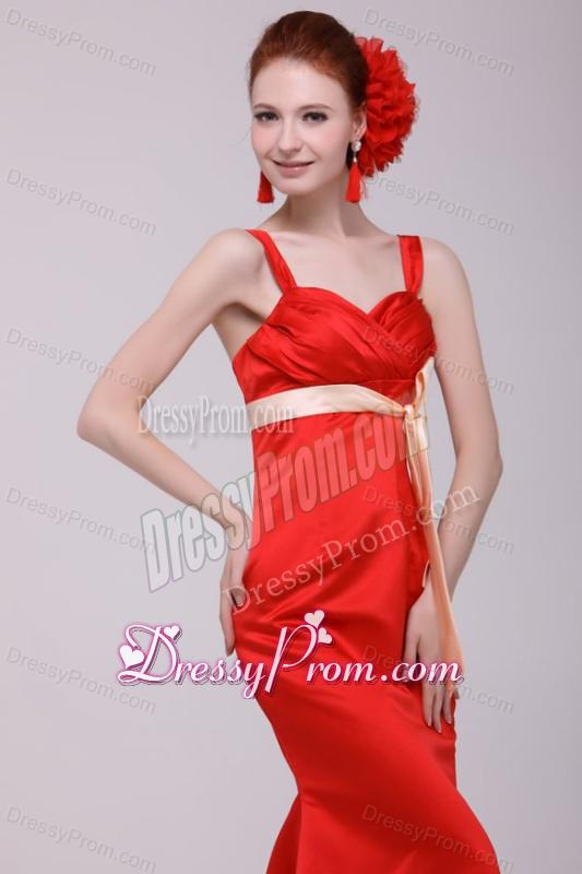 Cheap Column Straps Floor-length Taffeta Sashs Red Prom Dress