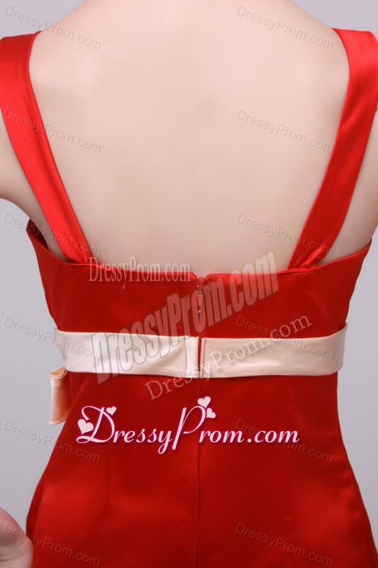 Cheap Column Straps Floor-length Taffeta Sashs Red Prom Dress
